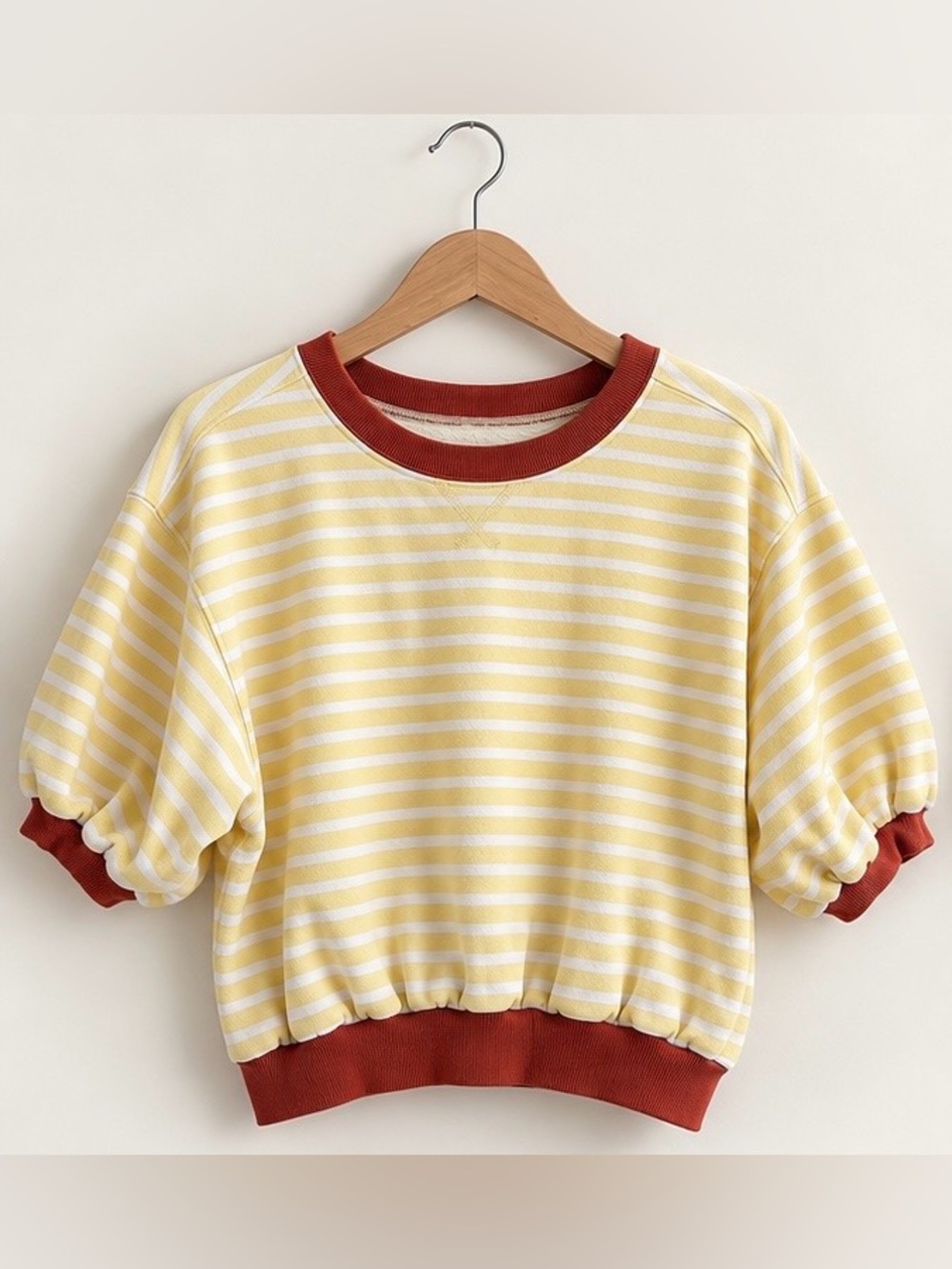 Anthropologie Pilcro Yellow Stripe Puff Sleeve Sweatshirt S Contrast Trim